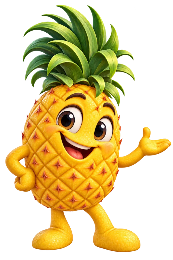 Un ananas souriant aux grands yeux et à la houppette de feuilles vertes