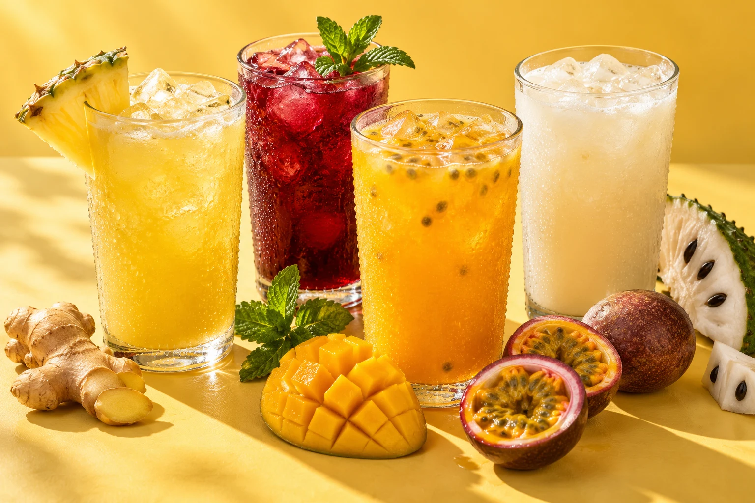 Quatre verres de jus frais doré, rouge, orange et crémeux, avec glaçons, fruits coupés et menthe.